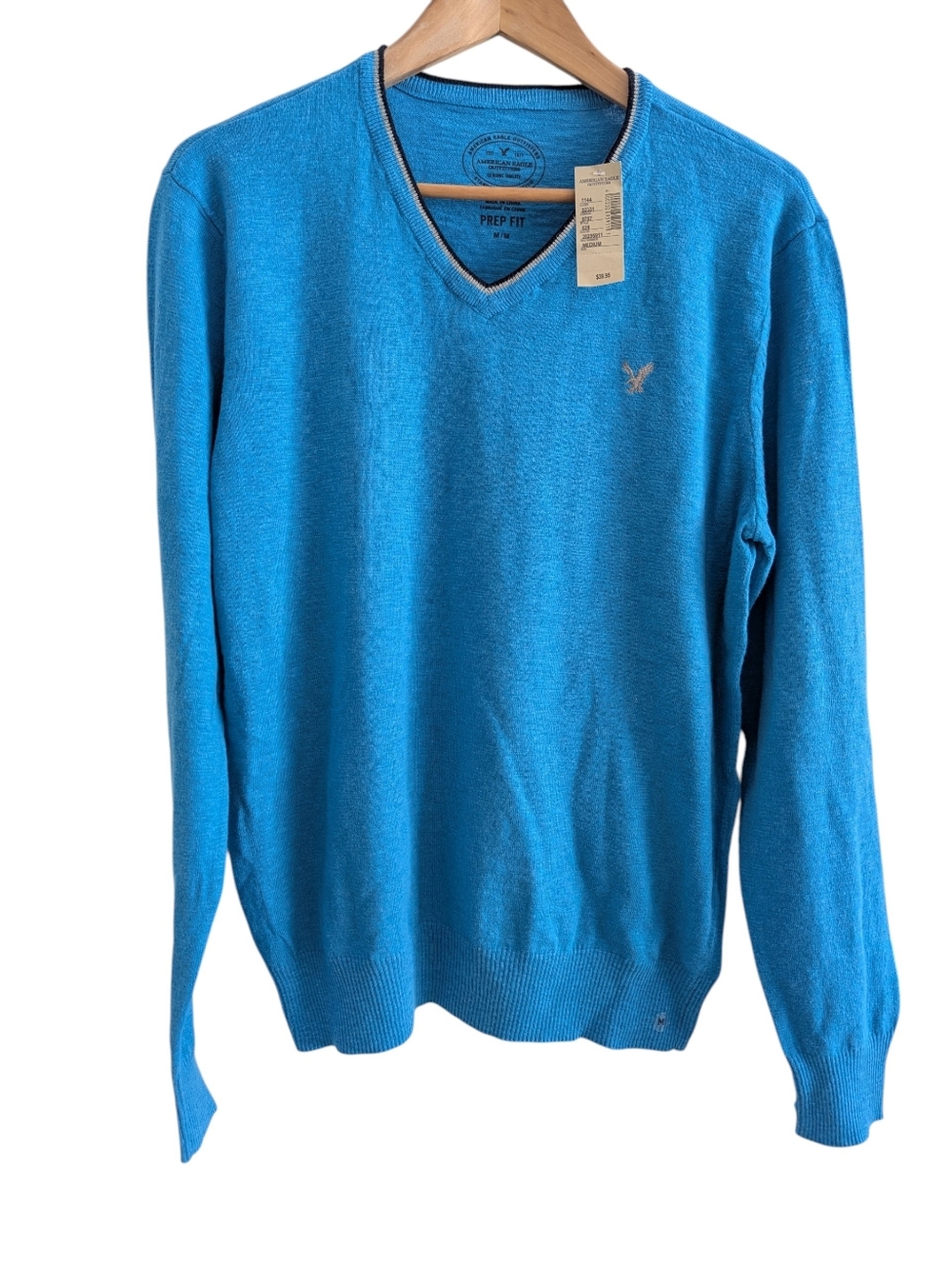 AMERICAN EAGLE OUTFITTERS Men's Blue Cotton Crewneck Sweater Prep Fit Medium